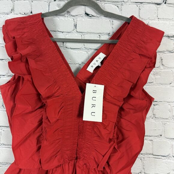 NWT BURU Red Deep V-Neck Peplum Tank Top Blouse Smocked Ruffle - Picture 2 of 10